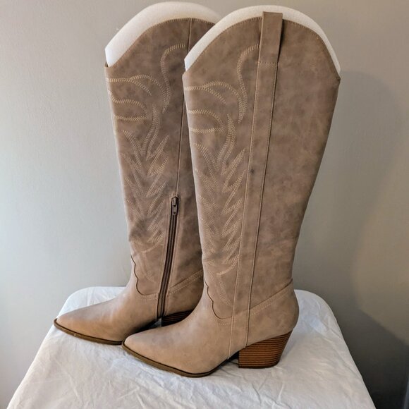 NEW Pink Lily style Latte Beige Knee-High Western Boots w/ Embroidery (Never Wor - Picture 4 of 4